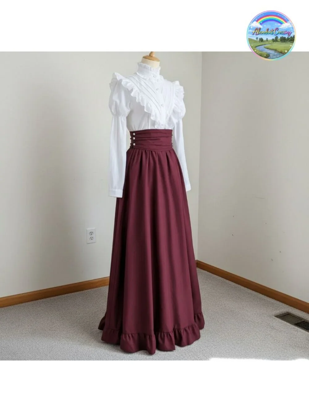 Victorian 2-Piece Dress Set Ruffled Ball Gown Blouse Skirt Belt Costume